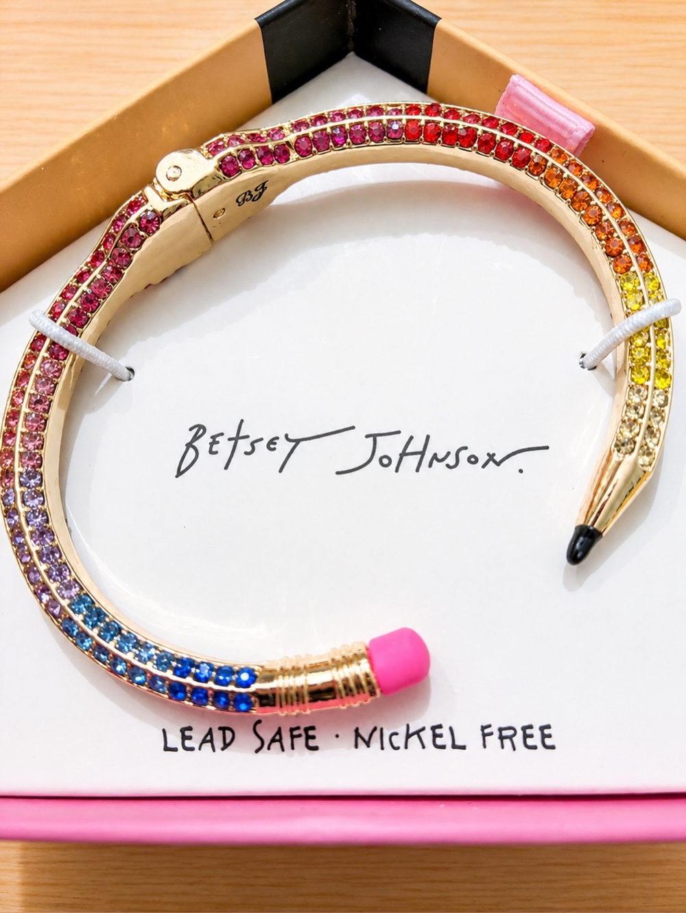 Betsey Johnson Open Hinge Enamel Pencil Bangle Bracelet Multi Stone NEW